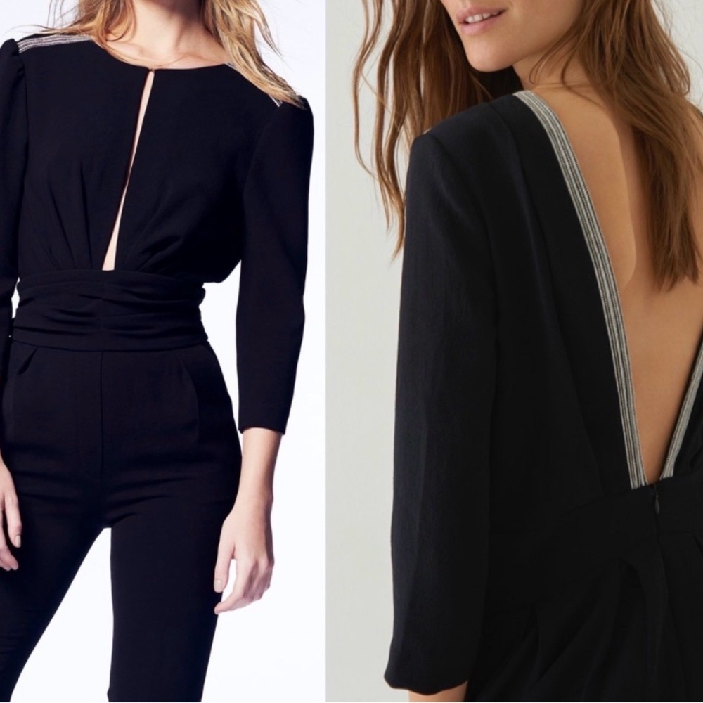Ba&sh Black Jumpsuit with Plunge Embellishment Neckline